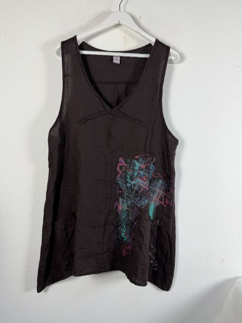 Vintage Blue Fish Womens Dark Brown Hand-Printed Cotton V-Neck Tunic Tank Size 0